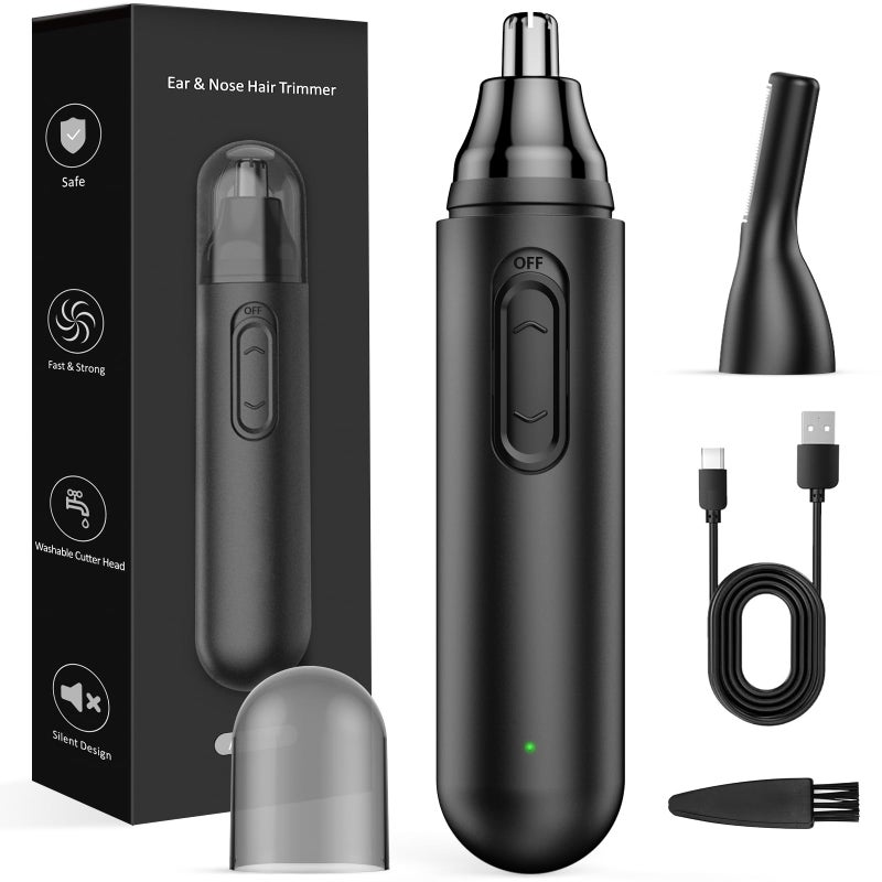 2024 Upgrade Rechargeable Nose Hair Trimmer for Men - Painless Dual Edge Blades, IPX7 Waterproof, Eyebrow & Facial Hair Trimmer for Easy Cleansing (Black)